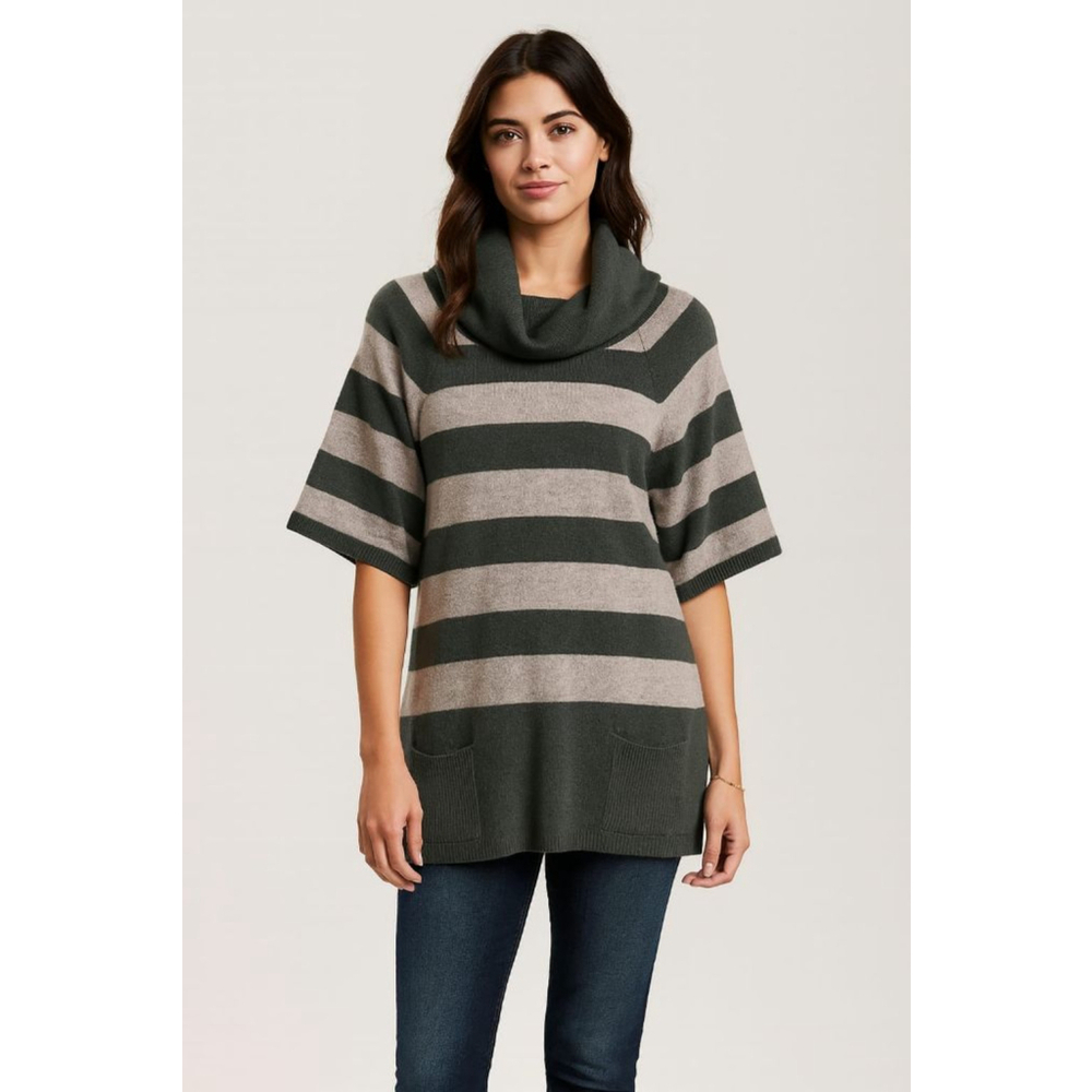 Women's Emma & Posh Green & Beige Striped 100 % Cashmere Cowl Neck Sweater S